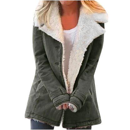 Women Sherpa Lined Denim Jacket Army Green