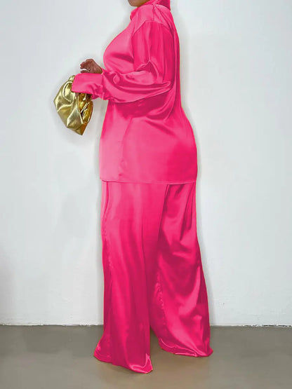 Elegant Satin Tracksuit with Wide Leg Pants
