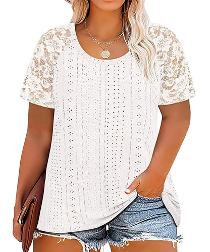 RITERA Women Embroidery White Lace Crewneck Short Sleeve Shirt