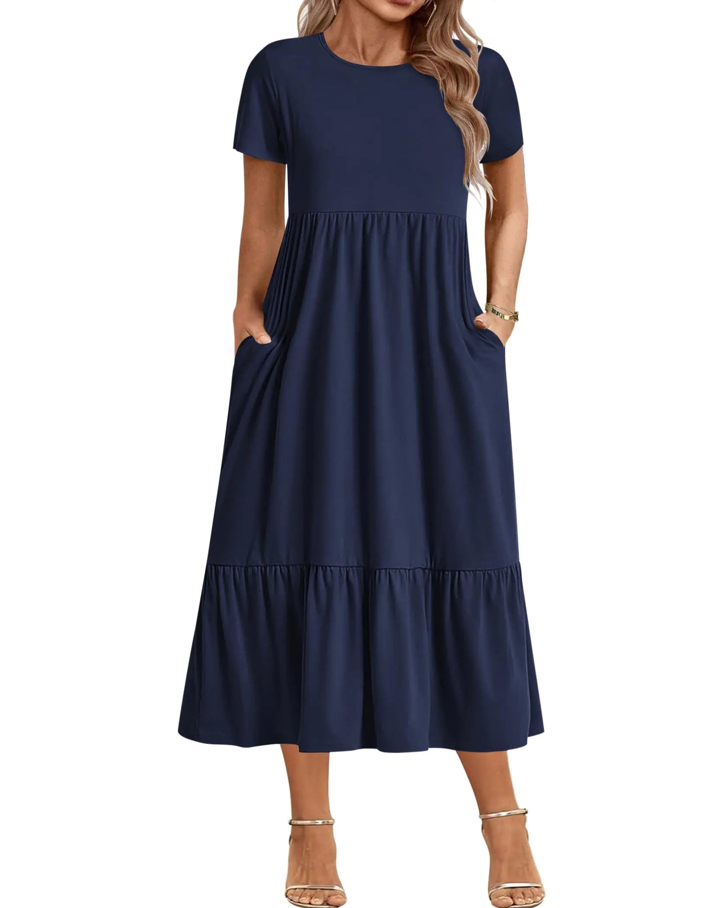 INVOLAND Women Short Sleeve Loose Plain Maxi Dress with Pockets