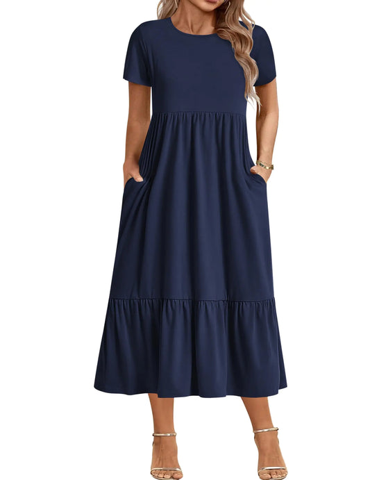 INVOLAND Women Short Sleeve Loose Plain Maxi Dress with Pockets