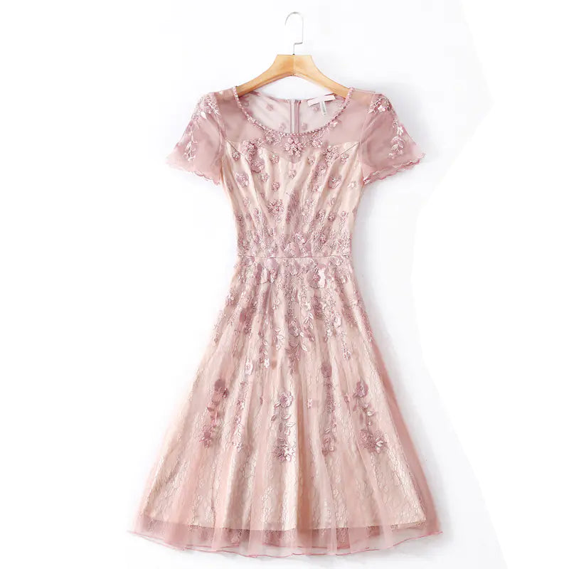 Women Knee Length Embroidered Lace Evening Dress