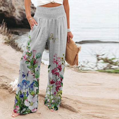 Women's Floral Butterfly Print Wide Leg Pants