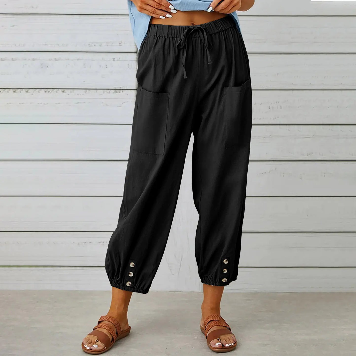 Women's Casual Drawstring Pants with Buttons