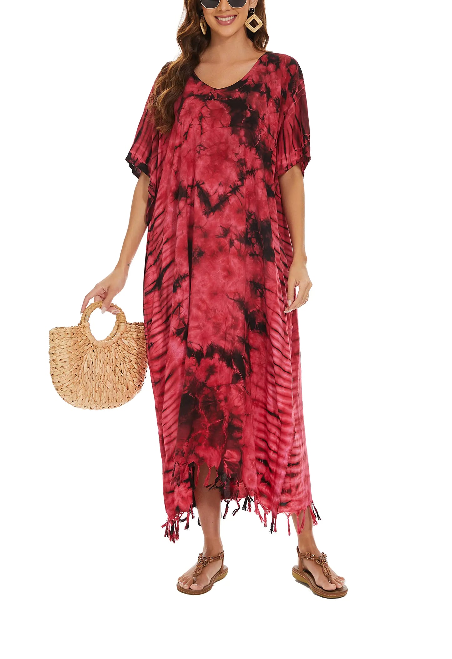 Women Hippie Tie Dye Caftan Kaftan Loungewear Maxi Long Dress Red