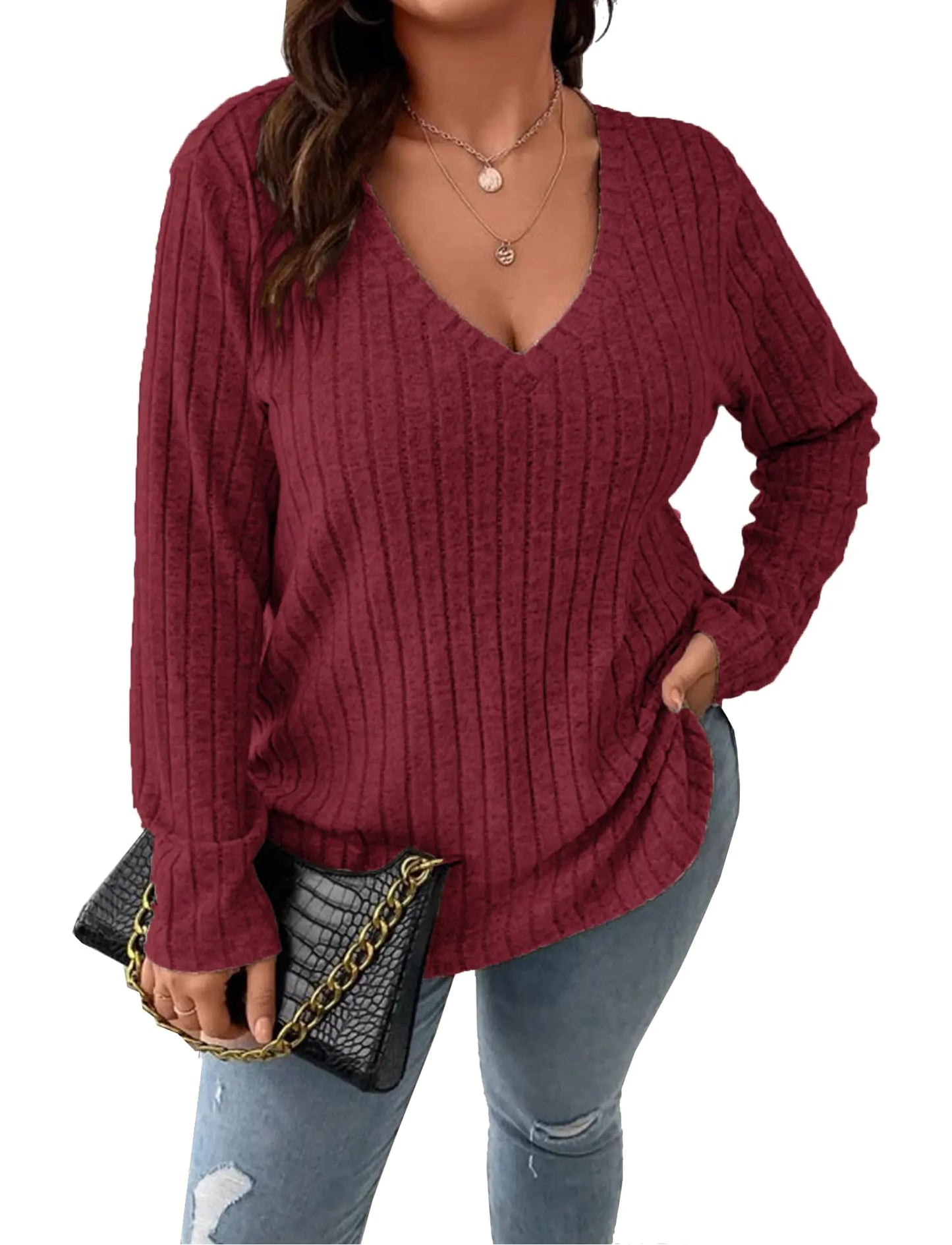 Women Casual Knit V Neck Lightweight Long Sleeve Sweaters Wine