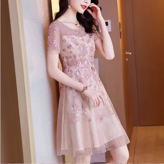 Women Knee Length Embroidered Lace Evening Dress