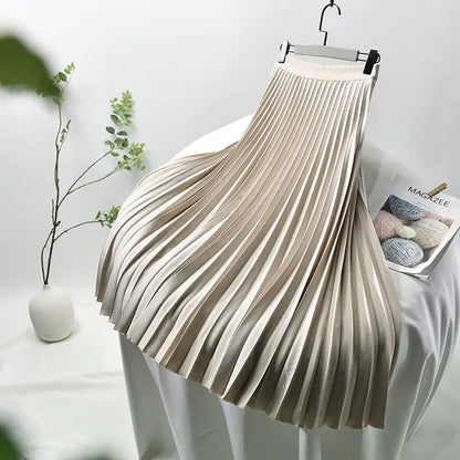 Women High Waist A-Line Pleated Midi Skirt