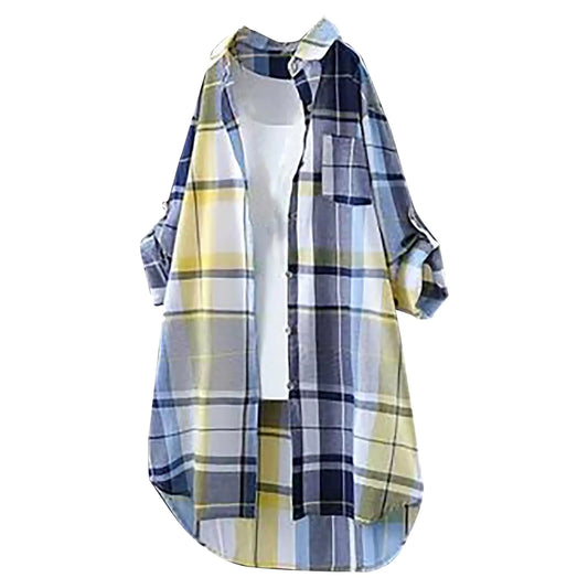 Women's Open Front Roll Up Sleeve Button Down Plaid Top