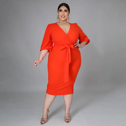 Women Elegant Stretch Midi Dress With Surplice V-Neck, Bishop Sleeve and Self-Tie